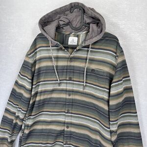 ASCEND Mens Medium Long‎ Sleeve Hooded Shirt Jacket Shacket Green Black Stripe